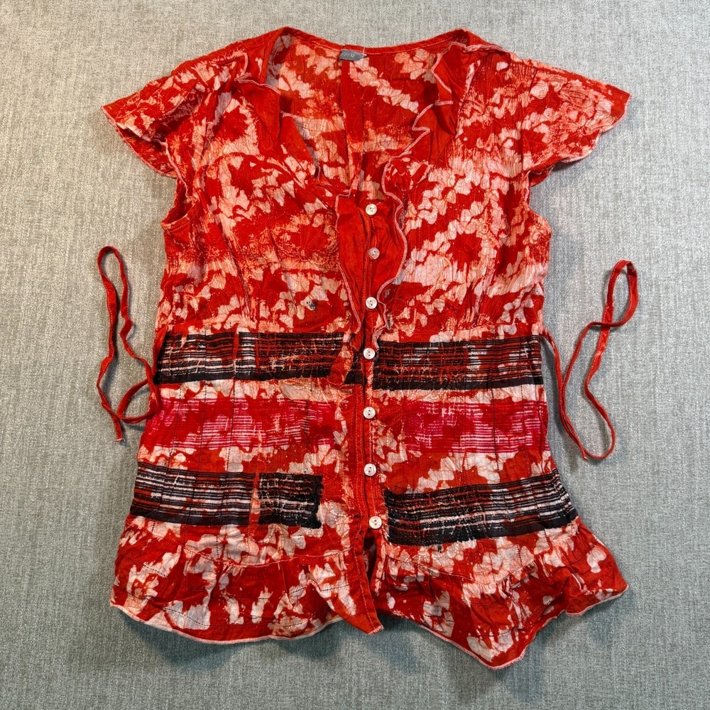 Vintage Per Una Red Tie Dye Ruffle Button Up Top Size 12 Boho Fairycore cottage